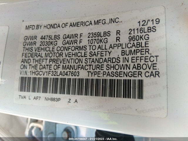 2020 HONDA ACCORD SEDAN SPORT VIN: 1HGCV1F32LA047603