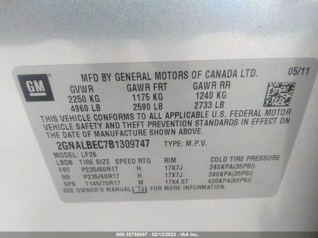 2011 CHEVROLET EQUINOX LS VIN: 2GNALBEC7B1309747