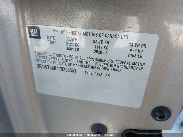 2007 CHEVROLET IMPALA 3.5L LT VIN: 2G1WT58N179308351