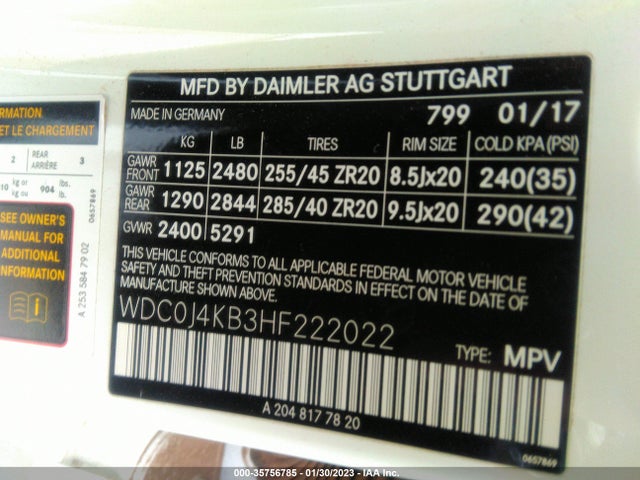 2017 Mercedes-Benz GLC-Class, VIN: WDC0J4KB3HF222022