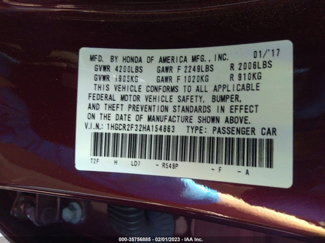 2017 HONDA ACCORD SEDAN LX VIN: 1HGCR2F32HA154863
