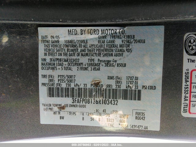 2006 FORD FUSION SEL VIN: 3FAFP08136R103432