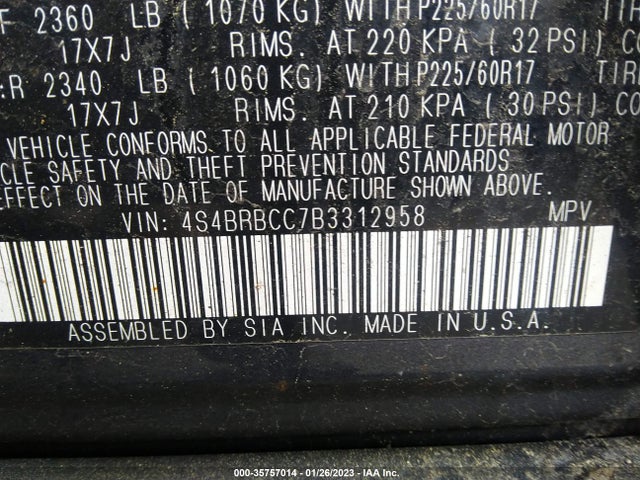 2011 Subaru Outback 2.5i Prem Awp მანქანა იყიდება აუქციონზე, vin: 4S4BRBCC7B3312958, აუქციონის ნომერი: 35757014