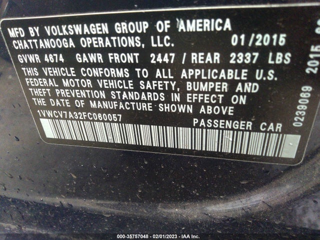 1VWCV7A32FC060057 Volkswagen Passat 2.0l Tdi Sel Premium