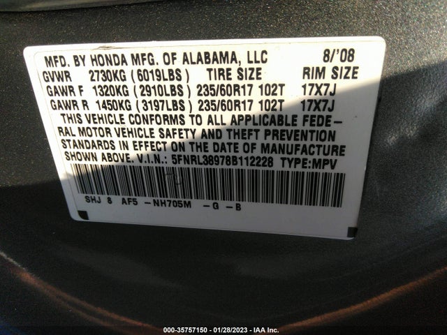 2008 HONDA ODYSSEY TOURING VIN: 5FNRL38978B112228