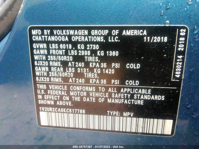 1V2UR2CA5KC517768 Volkswagen Atlas 3.6l V6 Se W/technology