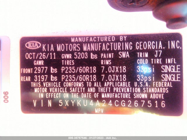 2012 KIA SORENTO EX VIN: 5XYKU4A24CG267516