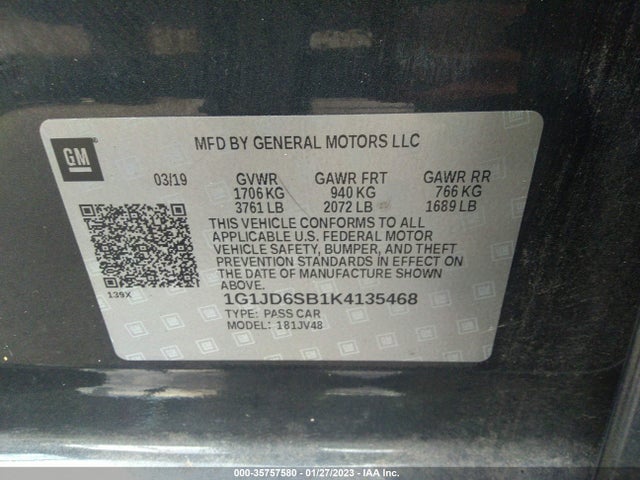2019 Chevrolet Sonic, VIN: 1G1JD6SB1K4135468