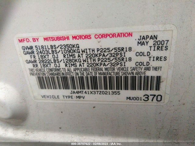 JA4MT41X37Z021355 Mitsubishi Outlander Xls