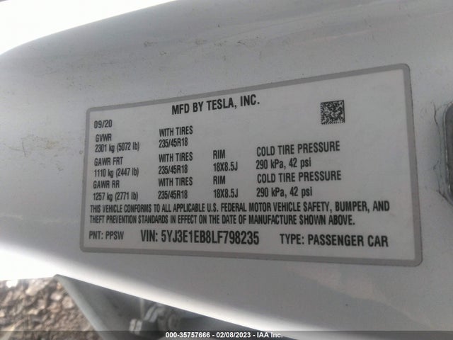 Tesla Model 3 Long Range 2020 5YJ3E1EB8LF798235 Image 10