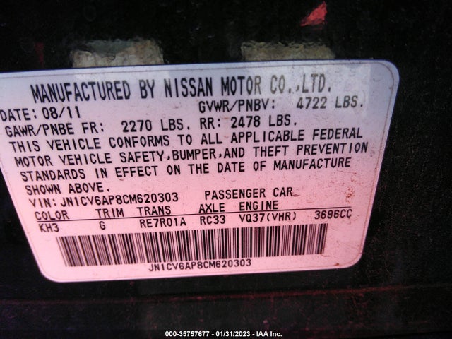 2012 INFINITI G37 SEDAN LIMITED EDITION VIN: JN1CV6AP8CM620303