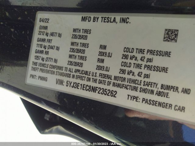 5YJ3E1EC8NF235262 Tesla MODEL 3