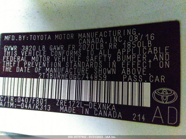 Toyota Corolla L/le/s/s Plus/le Plus 2016 2T1BURHE0GC744859 Image 9
