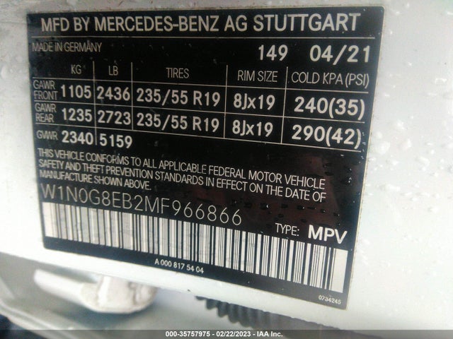 2021 Mercedes-Benz GLC-Class, VIN: W1N0G8EB2MF966866