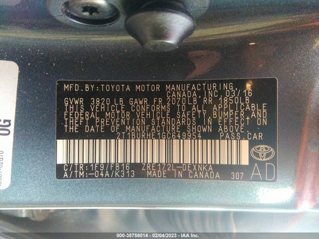 2016 TOYOTA COROLLA L/LE/S/S PLUS/LE PLUS VIN: 2T1BURHE1GC649954