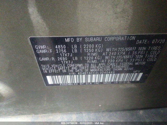 2020 Subaru Outback, VIN: 4S4BTACC2L3240449