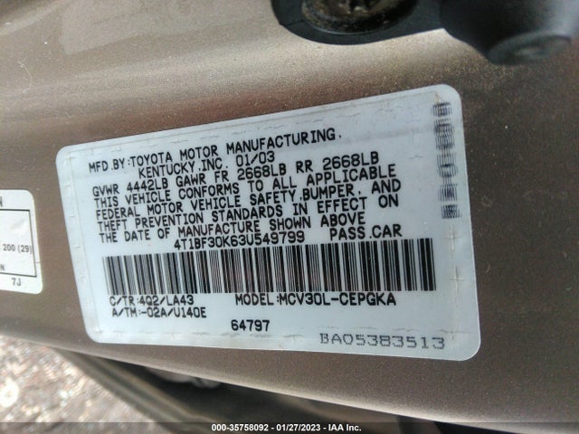 2003 TOYOTA CAMRY LE/SE/XLE VIN: 4T1BF30K63U549799