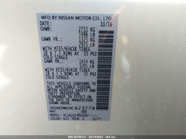 5N1DR2MN2HC623778 Nissan Pathfinder Sl