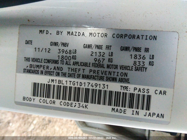 2013 MAZDA MAZDA3 I SV VIN: JM1BL1TG1D1749131