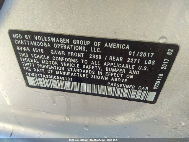 1VWDT7A39HC048131 Volkswagen Passat R-line W/comfort Pkg