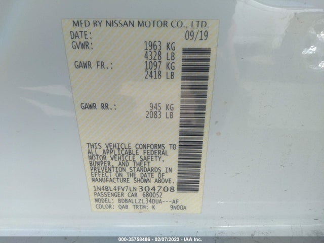 2020 Nissan Altima, VIN: 1N4BL4FV7LN304708