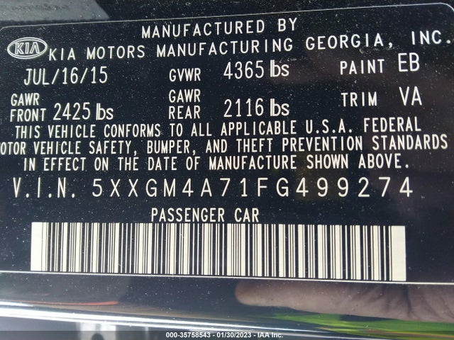 2015 Kia Optima, VIN: 5XXGM4A71FG499274