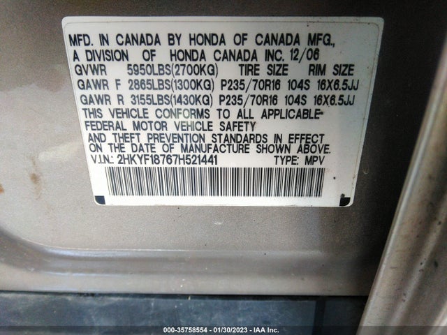 2007 HONDA PILOT EX-L VIN: 2HKYF18767H521441