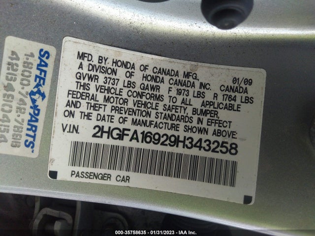 2009 HONDA CIVIC SDN EX-L VIN: 2HGFA16929H343258