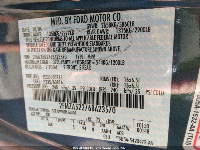 2006 FORD FREESTAR WAGON SEL VIN: 2FMZA52276BA23570
