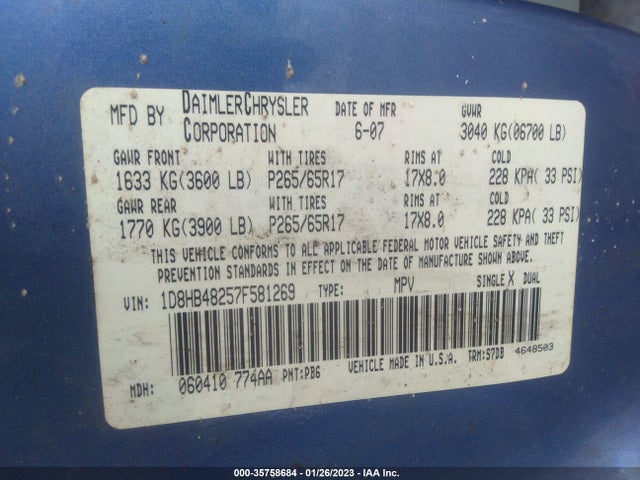 Dodge Durango Slt 2007 1D8HB48257F581269 Image 10