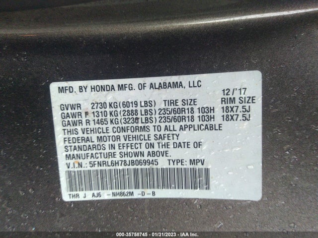 2018 Honda Odyssey, VIN: 5FNRL6H78JB069945