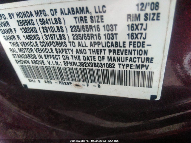 2009 HONDA ODYSSEY LX VIN: 5FNRL382X9B031082