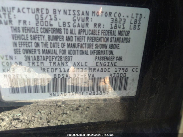2015 NISSAN SENTRA SV VIN: 3N1AB7AP0FY281897