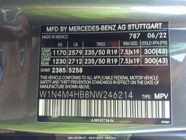 2022 Mercedes-Benz GLB-Class, VIN: W1N4M4HB8NW246214
