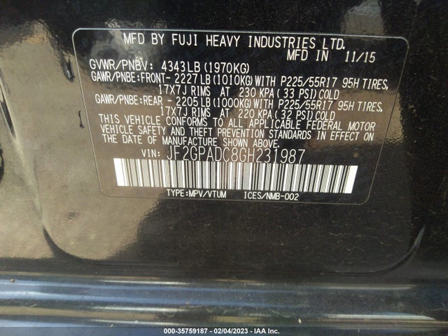 2016 Subaru Crosstrek, VIN: JF2GPADC8GH231987