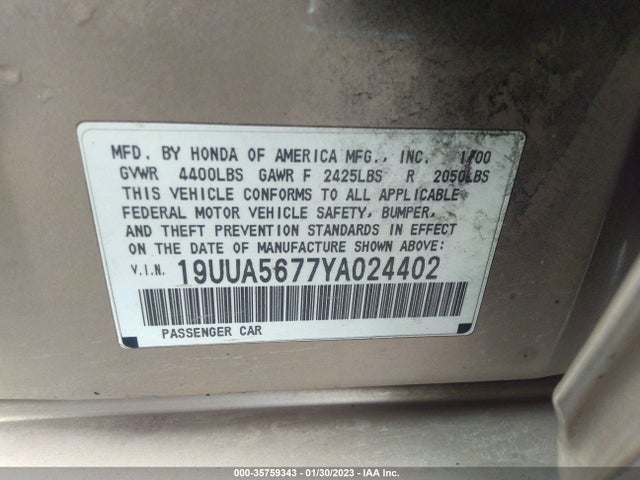 2000 ACURA TL VIN: 19UUA5677YA024402