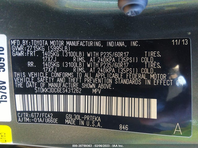 2014 TOYOTA SIENNA LE VIN: 5TDKK3DC6ES431262