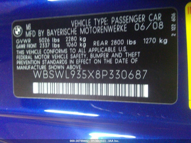 BMW 3 Series M3 2008 WBSWL935X8P330687 Image 10