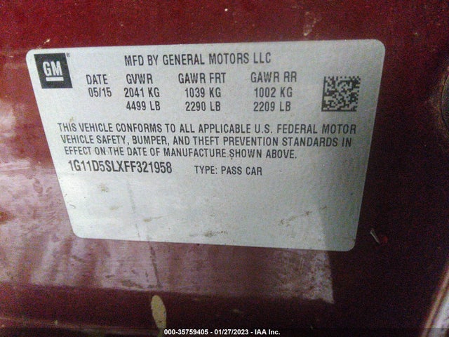 2015 Chevrolet Malibu, VIN: 1G11D5SLXFF321958