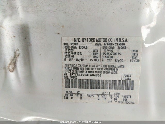 2003 FORD RANGER XL FLEET VIN: 1FTYR44V23TA04866