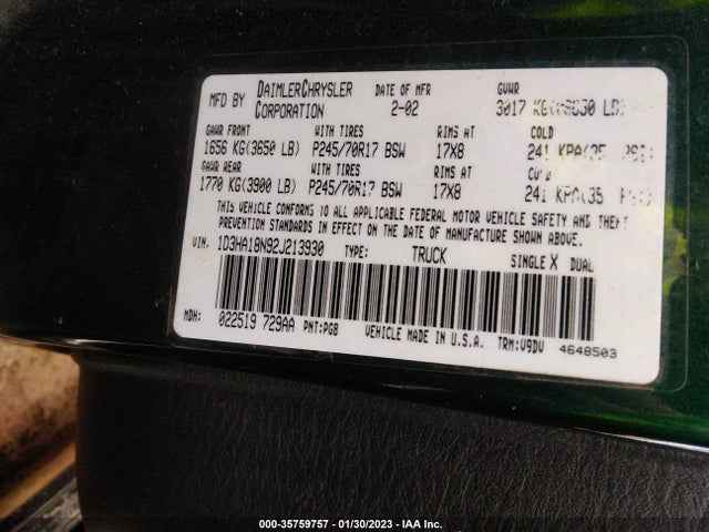 2002 DODGE RAM 1500 VIN: 1D3HA18N92J213930