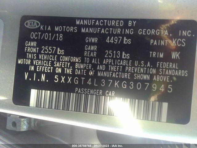 2019 Kia Optima, VIN: 5XXGT4L37KG307945