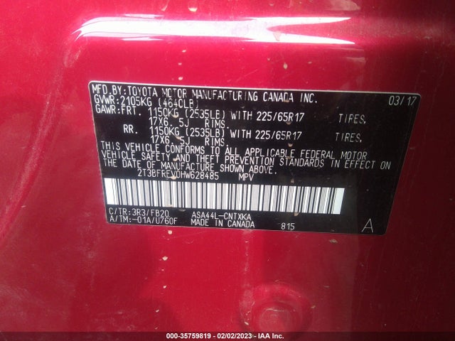 2017 TOYOTA RAV4 LE VIN: 2T3BFREV0HW628485