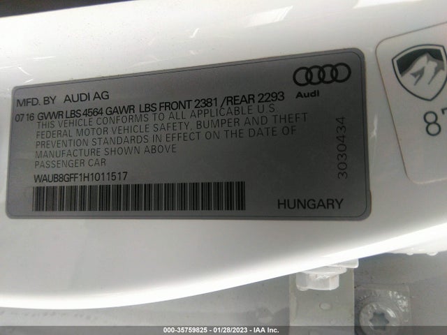 WAUB8GFF1H1011517 Audi A3 Sedan Premium