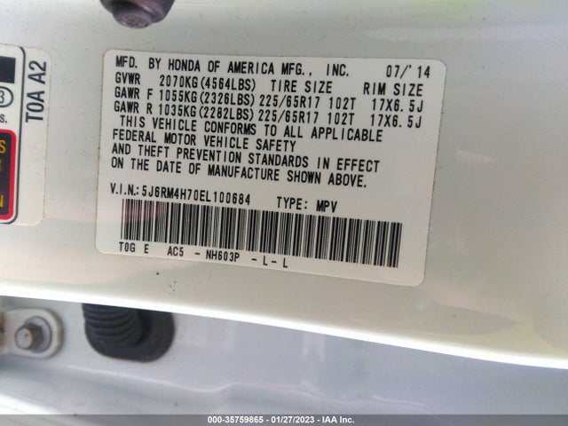 2014 HONDA CR-V EX-L VIN: 5J6RM4H70EL100684