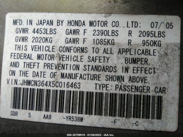 2005 HONDA ACCORD HYBRID VIN: JHMCN364X5C016463