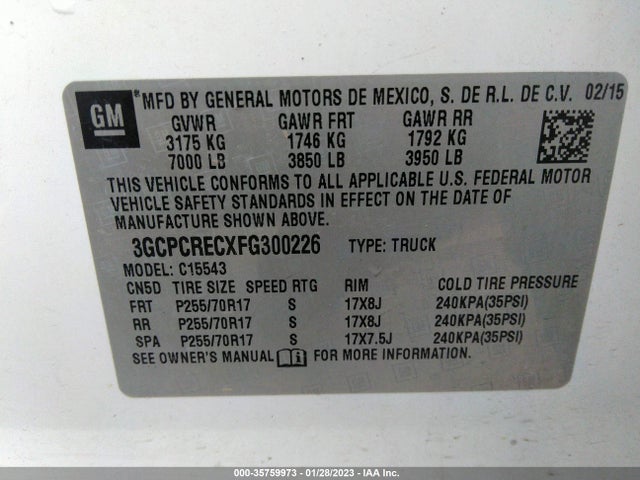 2015 CHEVROLET SILVERADO 1500 LT VIN: 3GCPCRECXFG300226