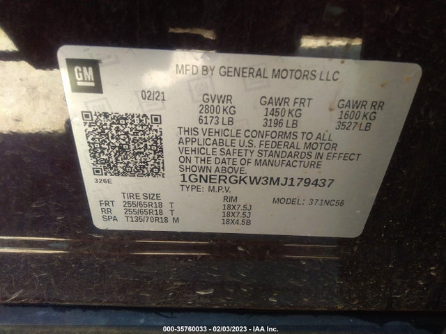 Chevrolet Traverse Lt Cloth 2021 1GNERGKW3MJ179437 Image 9