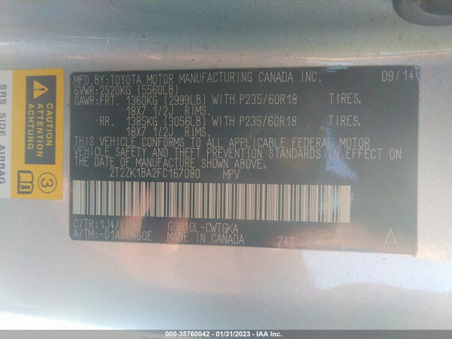 2T2ZK1BA2FC167080 Lexus RX 350