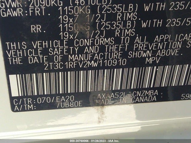 2021 TOYOTA RAV4 XLE PREMIUM VIN: 2T3C1RFV2MW110910
